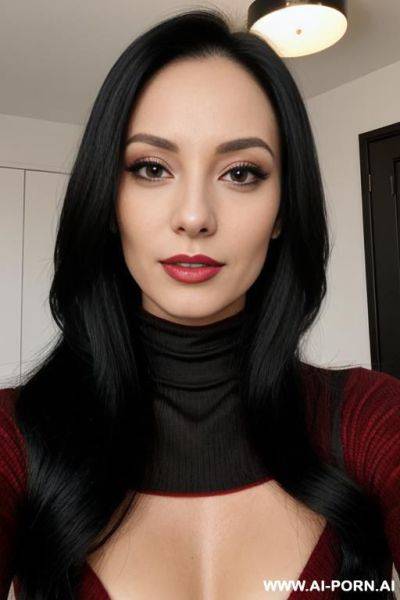 Woman black long hair red turtleneck selfie - ai-porn.ai on pornsimulated.com
