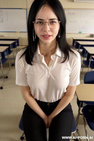 White polo shirt with a logo, red handkerchief around her collar, hairy pussy - ai-porn.ai on pornsimulated.com