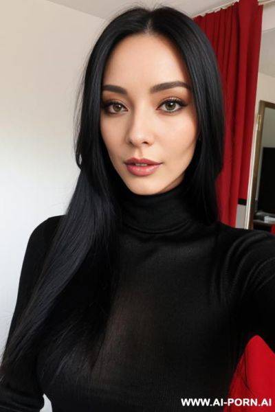Woman long hair red turtleneck selfie - ai-porn.ai on pornsimulated.com