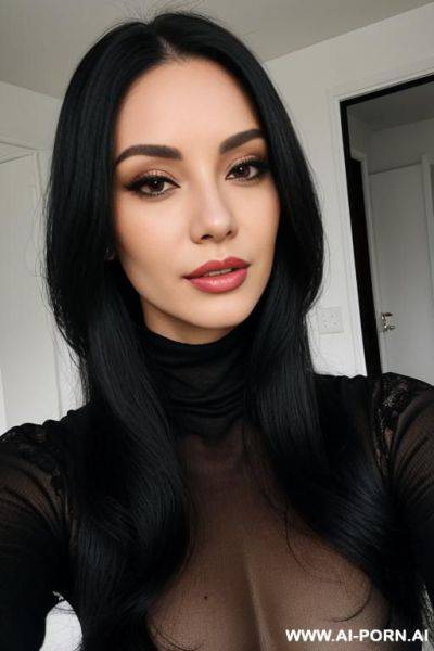 Woman long hair red turtleneck lace selfie - ai-porn.ai on pornsimulated.com