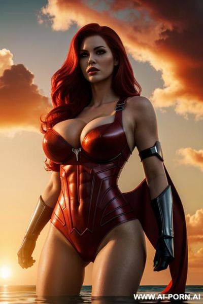 Beautiful superheroine floating in clouds at sunset - ai-porn.ai on pornsimulated.com