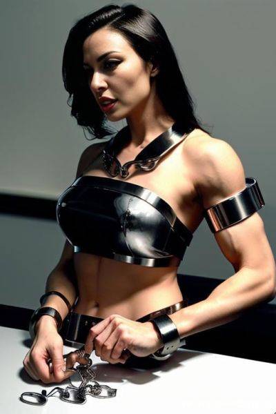 (((((handcuffed woman))))), ((metal handcuffs)), ((muscle body)), facing viewer - ai-porn.ai on pornsimulated.com