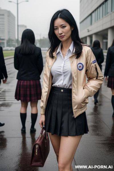 Jk，three women standing each other，standing in the rain，apocalyptic world，clothes in rags， and some of them had sloughed off - ai-porn.ai on pornsimulated.com