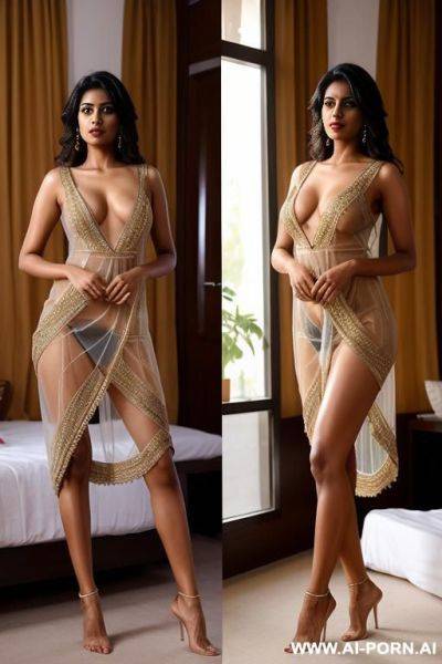 Beautiful indian woman, on a bed, hairy vagina, wearing a transparent night dress, legs parted, - ai-porn.ai - India on pornsimulated.com