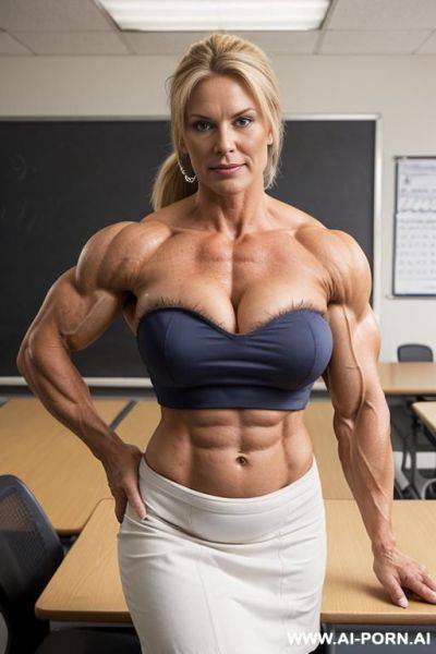 Bigger arms, photo of a strong woman, nude, curvy, whole body, mature cougar, grandmother, gilf, ponytail, looking at the camera, blonde, very hairy pussy, dense blonde pubic hair, stronger arms, - ai-porn.ai on pornsimulated.com