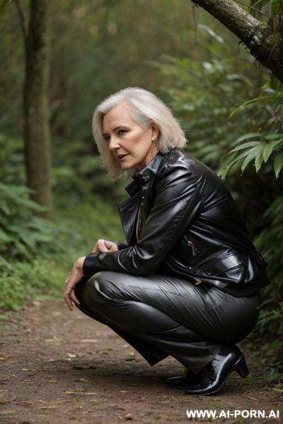 Mature british woman, jacket, shirt, pants, squatting in underbrush, her crotch drips water onto ground, backview - ai-porn.ai - Britain on pornsimulated.com