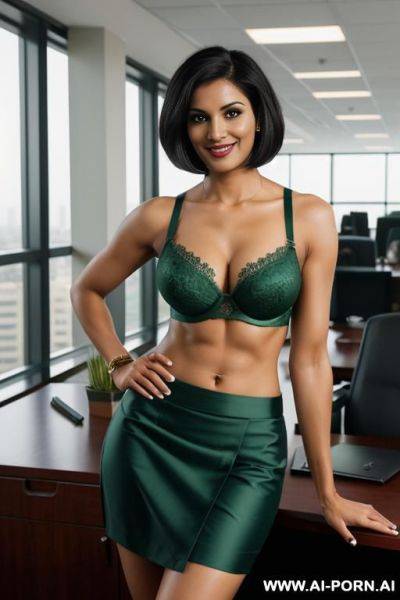 Indian, short hair, fit, abs, muscular arms, big ass, tall, long legs, navel piercing, green bra, green pleat skirt, looking at camera, full body, stiletto - ai-porn.ai - India on pornsimulated.com