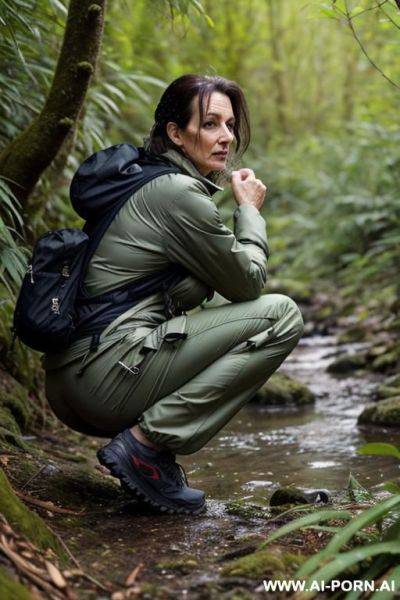 Mature british woman, hikingclothes, jacket, pants, squatting in underbrush, her crotch drips water onto ground, backview - ai-porn.ai - Britain on pornsimulated.com
