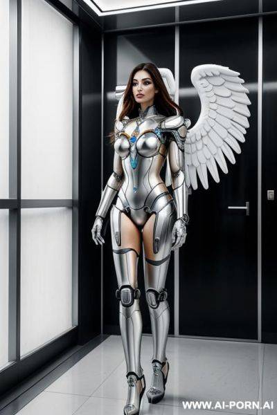 Immagine realistica di elevata qualità, beautiful angel robot corpo cyborg meccanico con splendide ali bianche e vestito ampio lungo, con stivali ai piedi. - ai-porn.ai on pornsimulated.com