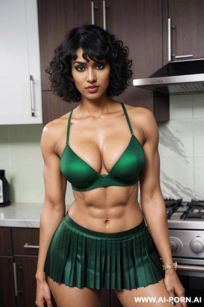 Indian, short curly bangs hair, fit, abs, muscular arms, big ass, tall, long legs, navel piercing, green bra, green pleat skirt, looking at camera, full body, stiletto, kitchen - ai-porn.ai - India on pornsimulated.com