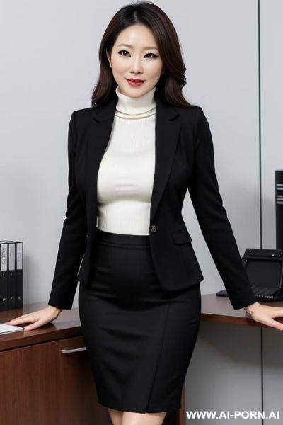 Half-white half-japanese, alluring thighs, inner turtleneck, skirt down to thigh, blazer, office - ai-porn.ai - Japan on pornsimulated.com