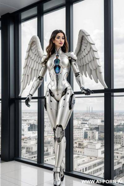 Immagine realistica e naturale di elevata qualità, beautiful angel robot corpo cyborg meccanico con splendide ali bianche e vestito ampio lungo, con stivali ai piedi. - ai-porn.ai on pornsimulated.com