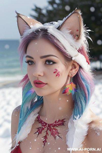 Face, sexy, beautiful, ((face painting)), ((bikini as seashell)), ((tattoo roses)), ((eyes shw)), ((angel wings)), ((rainbow hair)), ((long bu hair)), ((wind)), (( cat face)), (( cat ears)), (((feather - ai-porn.ai on pornsimulated.com