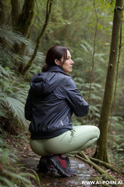 British woman, hikingclothes, jacket, pants, squatting in underbrush on wet spot, backview - ai-porn.ai - Britain on pornsimulated.com
