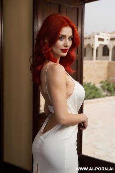 Red lipstick, very long hair, white gorgeous cacked woman , round soft face , sexy pretty body, wearing wrap elegant deep v-neck hollow out spagetti strap back tie backless see-though dress - ai-porn.ai on pornsimulated.com