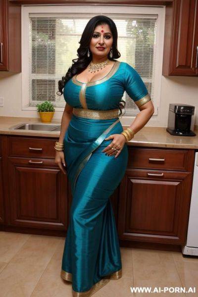 An punjabi milf looking women she is 40 years old and has big round saggy boobs and huge ass huge curves standing infront of a kitchen facing tods the camera and wearing a punjabi traditional dress with a big excerpt - ai-porn.ai on pornsimulated.com