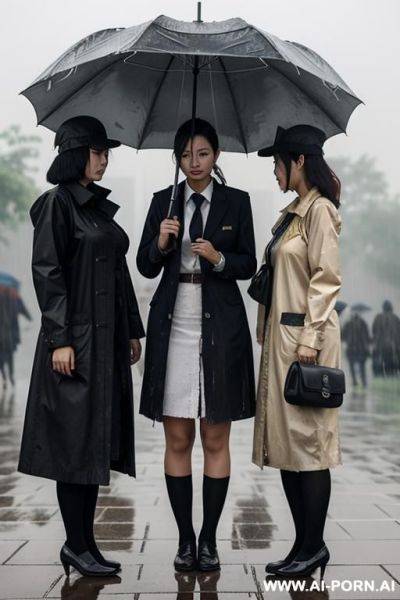 ，student uniform，three women standing each other，standing in the rain，apocalyptic world，clothes in rags， and some of them had sloughed off - ai-porn.ai on pornsimulated.com