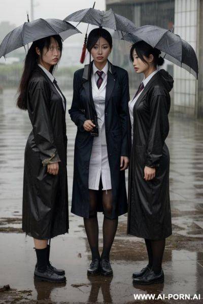 ，student uniform，three women standing each other，standing in the rain，apocalyptic world，clothes in rags， and some of them had sloughed off，japanese - ai-porn.ai - Japan on pornsimulated.com