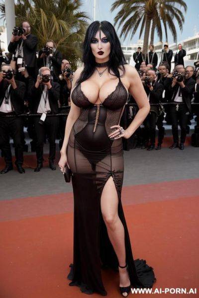 Busty rock star, fully nude, pretty gothic make up, full frontal, full body view, - ai-porn.ai on pornsimulated.com