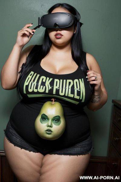 Mexican, chola, hugely pear shaped, gordita, drinking potion, hourglass figure, punk rocker, wearing band shirt, drinking a green potion, wearing oculus rift - ai-porn.ai - Mexico on pornsimulated.com