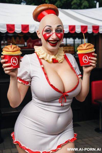 Clown face, hamburger, eating, beer - ai-porn.ai on pornsimulated.com