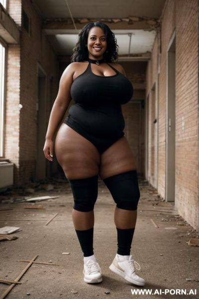 Nude black obese milf with huge boobs standing naked in sneakers, socks, choker in abandoned building, smiling. - ai-porn.ai on pornsimulated.com