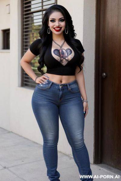 Mexican, chola,, nerd, hourglass figure, wearing band shirt - ai-porn.ai - Mexico on pornsimulated.com