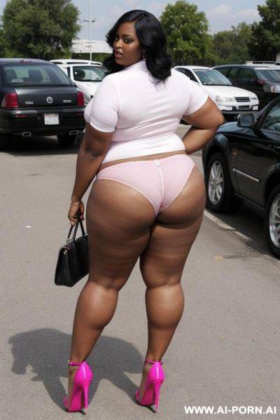 A very fat black woman is wearing pink underpants at the parking lot - ai-porn.ai on pornsimulated.com
