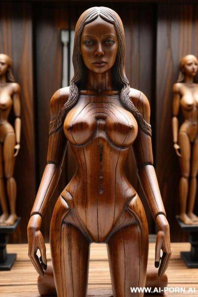 (((scared wooden statue woman totally naked))), ((looking at the camera)), ((eyes contact)), full body view, ((massive hips)), huge curves, huge cleavage, legs open, (pussy visible), ((no panties)) - ai-porn.ai on pornsimulated.com
