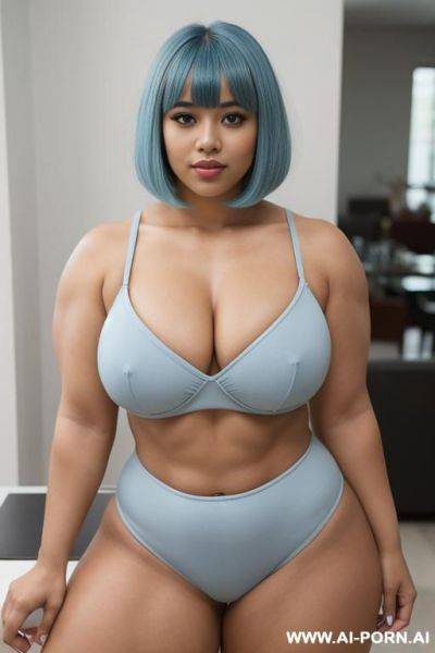 Bob with bangs haircut, light blue hair, hispanic woman, sexy, attractive, beautiful, buxom, obese, bulked up muscled thighs, full body in frame - ai-porn.ai on pornsimulated.com