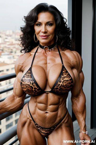 Matured old milf, wrinkles, wrinkled skin, aging marks, extremely tanned skin, wide hips, animal print hooker outfit, necklace, choker, elries, perfect eyes, waist shot, balcony - ai-porn.ai on pornsimulated.com