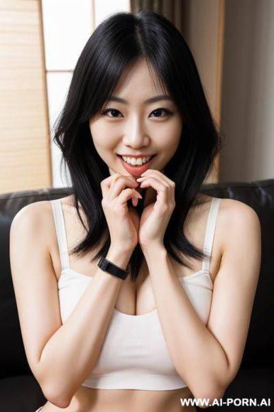 One beautiful japanese womans, perfect smile, modern livingroom, straight black hair, tight crop top and thong - ai-porn.ai - Japan on pornsimulated.com