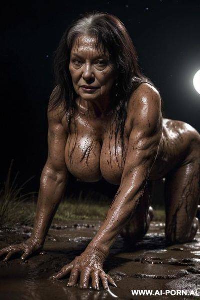Night (very dark night), coniferous forest (forest in the night is dark and scary), bright full moon on the dark sky ((red moon very realistic), aged woman on all fours pose is in the - ai-porn.ai on pornsimulated.com
