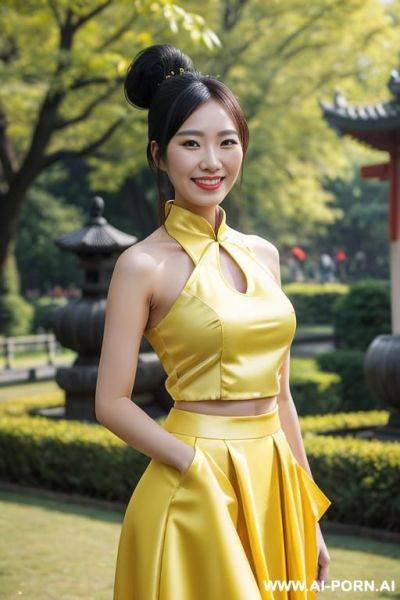 Yellow chinese split dress with high collar - ai-porn.ai - China on pornsimulated.com