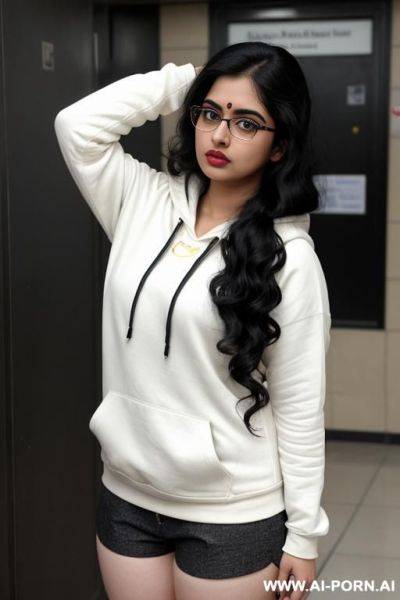 Pale skin, cute, beautiful, indian woman, round glasses, shorts, chubby, hoodie - ai-porn.ai - India on pornsimulated.com