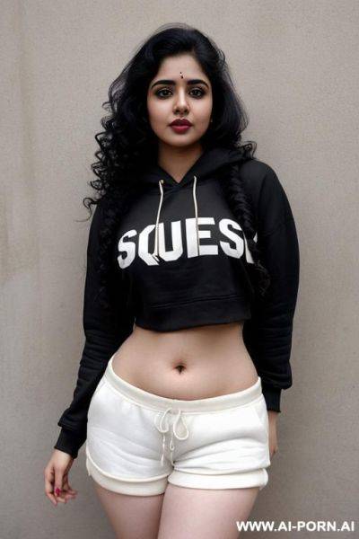 Pale skin, cute, beautiful, indian woman, shorts, chubby, navel, hoodie - ai-porn.ai - India on pornsimulated.com
