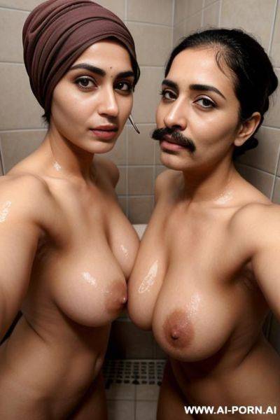 Two lesbian milfs with a mustache wearing only a hijab with hairy pussy and hairy armpits taking a shower together - ai-porn.ai on pornsimulated.com