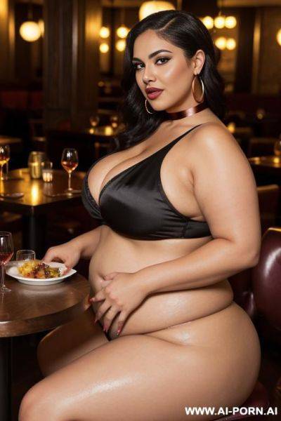 (fat latina babe), ((tapered bbw thick body)), perfect face, (natural saggy low hanging medium sized boobs), (micro-sized areolas), seductive wicked smile, alluring, eye contact, mascara, (big greek - ai-porn.ai - Greece on pornsimulated.com