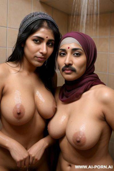 Two lesbian milfs with a mustache wearing only a hijab with hairy pussy and hairy arms taking a shower together - ai-porn.ai on pornsimulated.com