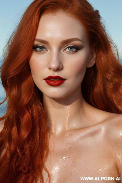 (keep face) (seductive lady) (field) (summer) (makeup) (looking into camera) (oily wet skin) (long wavy ginger hair) (red lipstick) (smokey eyes) - ai-porn.ai on pornsimulated.com