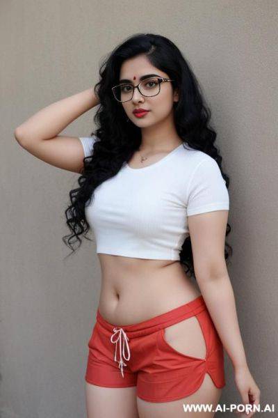 Pale skin, cute, beautiful, indian woman, round glasses, shorts, chubby, flashing navel - ai-porn.ai - India on pornsimulated.com
