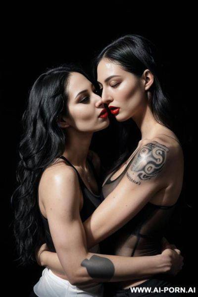 ((2 women hugging)) ((looking at each other)) (long wavy hair) (soft black hair) (makeup) (red lips) (ideal facial ratios) (loose fitting white tank top) (see-through top) (athletic body) (large - ai-porn.ai on pornsimulated.com