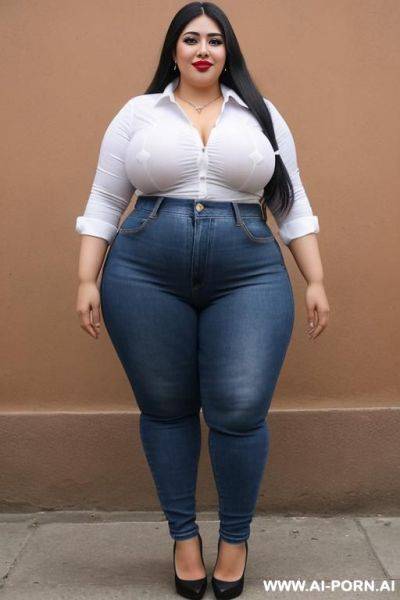 Mexican, hourglass shaped, white shirt, tight blue jeans, at carniva, heavy makeup, eye shw, lipstick - ai-porn.ai - Mexico on pornsimulated.com