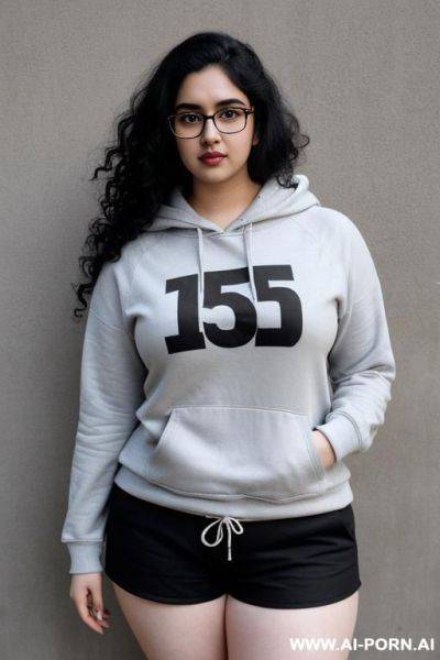 Pale skin, cute, beautiful, indian girl, round glasses, shorts, chubby, navel, hoodie - ai-porn.ai - India on pornsimulated.com