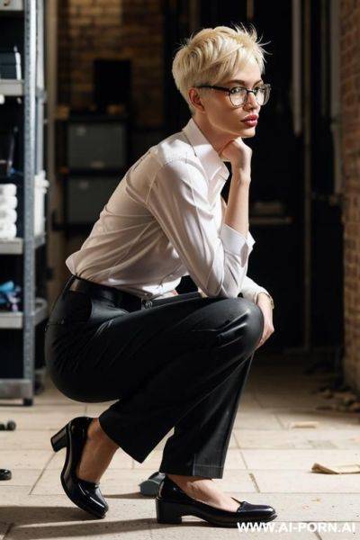 Slender, glasses, blonde, pixiecut, squatting in mess, pants, shirt, side-view - ai-porn.ai on pornsimulated.com