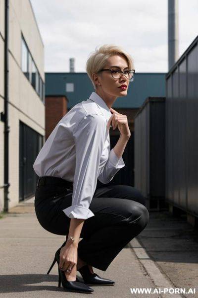 Slender, glasses, blonde, pixiecut, squatting behind industrial building, pants, shirt, side-view - ai-porn.ai on pornsimulated.com