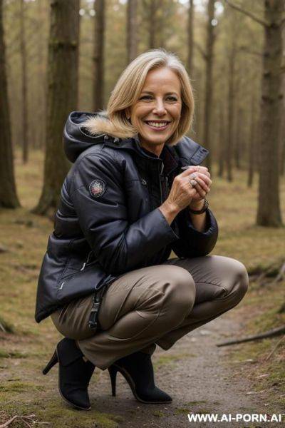 Belgium mature woman squatting un wilderness,, pants, jacket, side-view - ai-porn.ai on pornsimulated.com