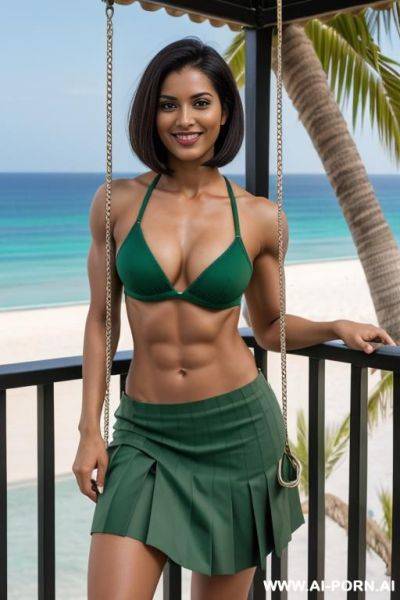 Indian, short hair, fit, abs, muscular arms, big ass, tall, long legs, navel piercing, green bra, green pleat skirt, looking at camera, full body, stiletto, beach resort balcony, lying on swing - ai-porn.ai - India on pornsimulated.com