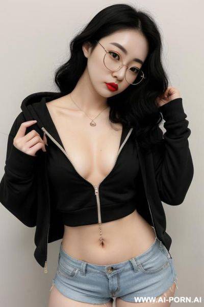 Pale skin, cute, beautiful, korean woman, round glasses, flashing tits, no bra, shorts, chubby, flashing navel, hoodie - ai-porn.ai - North Korea on pornsimulated.com