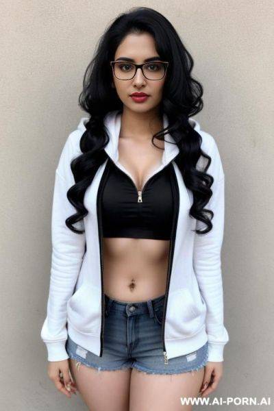 Pale skin, cute, beautiful, indian woman, round glasses, flashing tits, no bra, unzip shorts, chubby, flashing navel, hoodie, - ai-porn.ai - India on pornsimulated.com